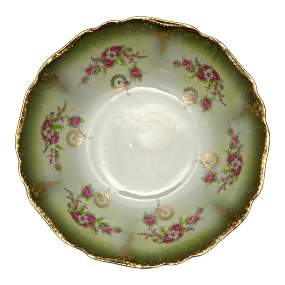 Unbranded Other - Vintage Serving Bowl Made In Germany Green Hand Painted Pink Roses Gold Gilded